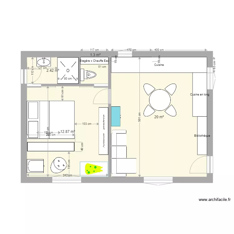 Projet Appart 36m2 modif porte chambre. Plan de 