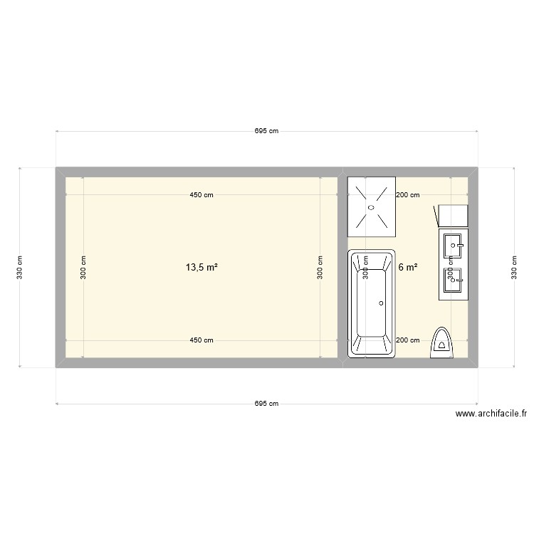 chambre SDB. Plan de 2 pièces et 20 m2