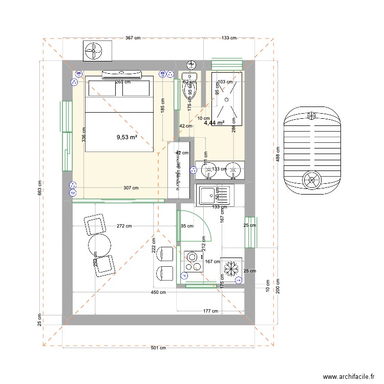 BGLW 28,25 m2 + toiture. Plan de 2 pièces et 14 m2