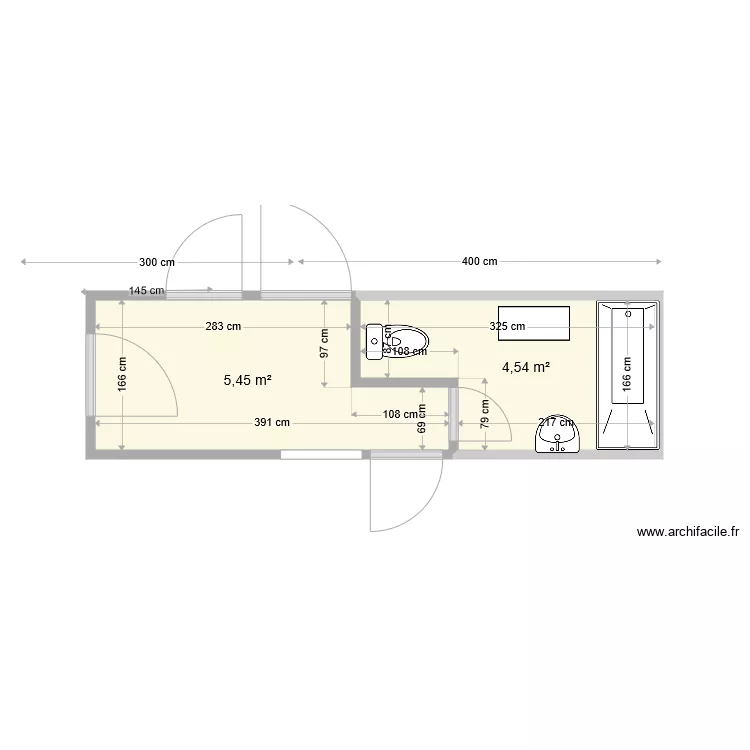 ENTREE WC SDB mur cass&eacute;. Plan de 
