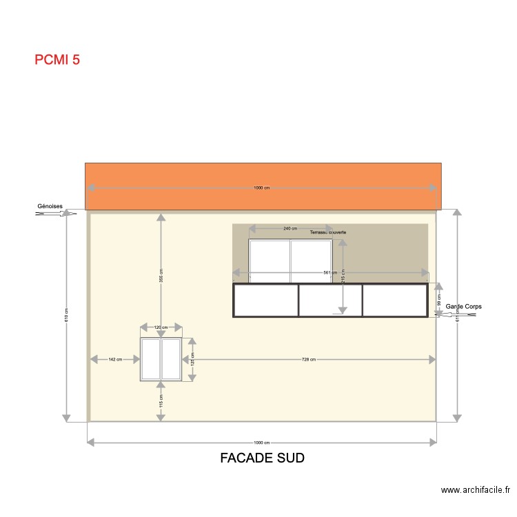 facade sud. Plan de 0 pièce et 0 m2