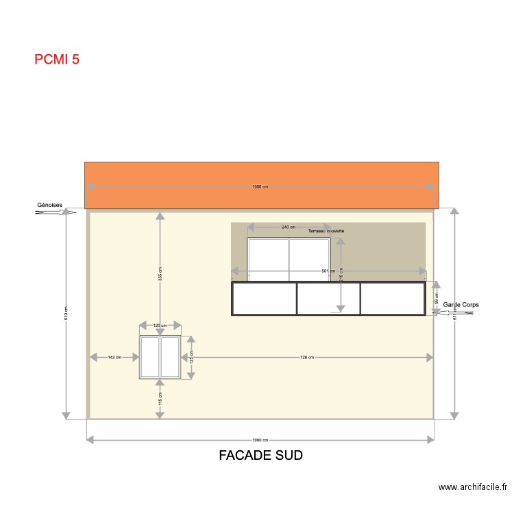 facade sud. Plan de 2 pièces et 74 m2