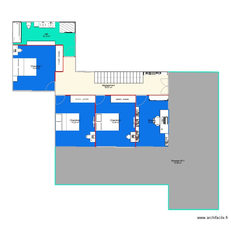 R+1. Plan de 7 pièces et 150 m2