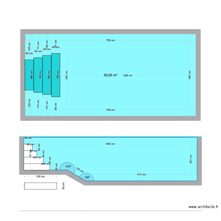 Plan en coupe piscine. Plan de 2 pièces et 45 m2