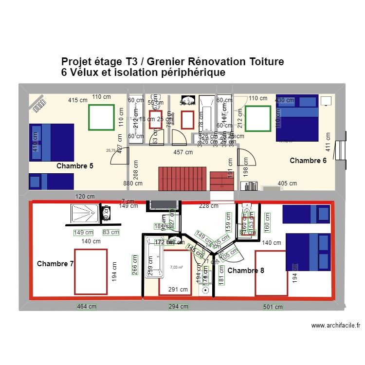 Projet ETAGE T3 et Grenier avec vélux et isolation perioherique. Plan de 8 pièces et 59 m2