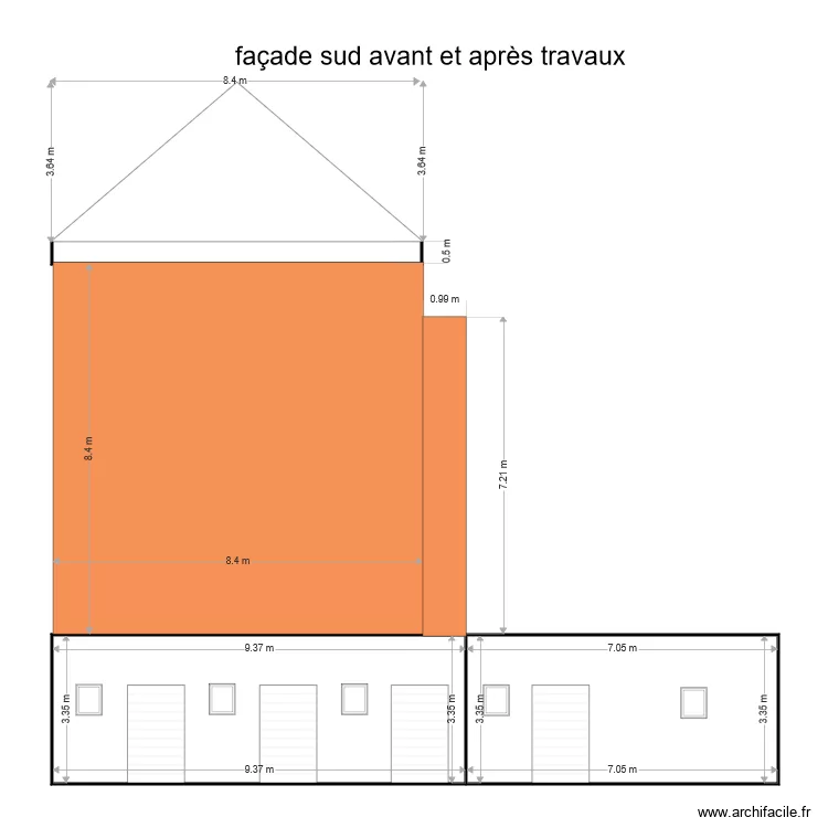 fa&ccedil;ade sud avant et apr&egrave;s travaux. Plan de 