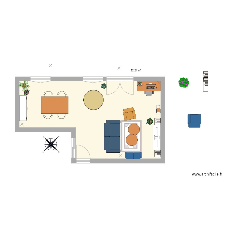 Salon Commune. Plan de 1 pièce et 32 m2