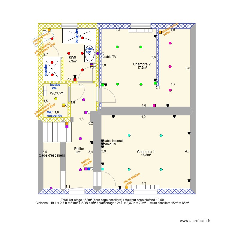 Maison 1er étage. Plan de 7 pièces et 54 m2