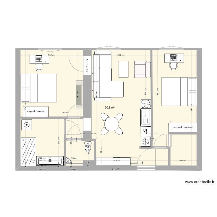 28 FelixViallet - Plan T3 BIS. Plan de 2 pièces et 61 m2