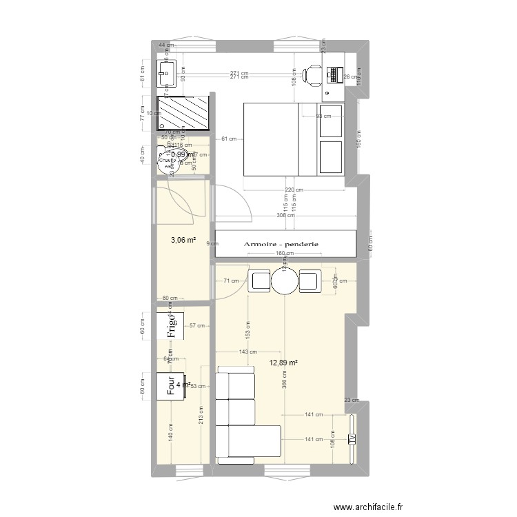 paris XIII modif douche. Plan de 4 pièces et 21 m2