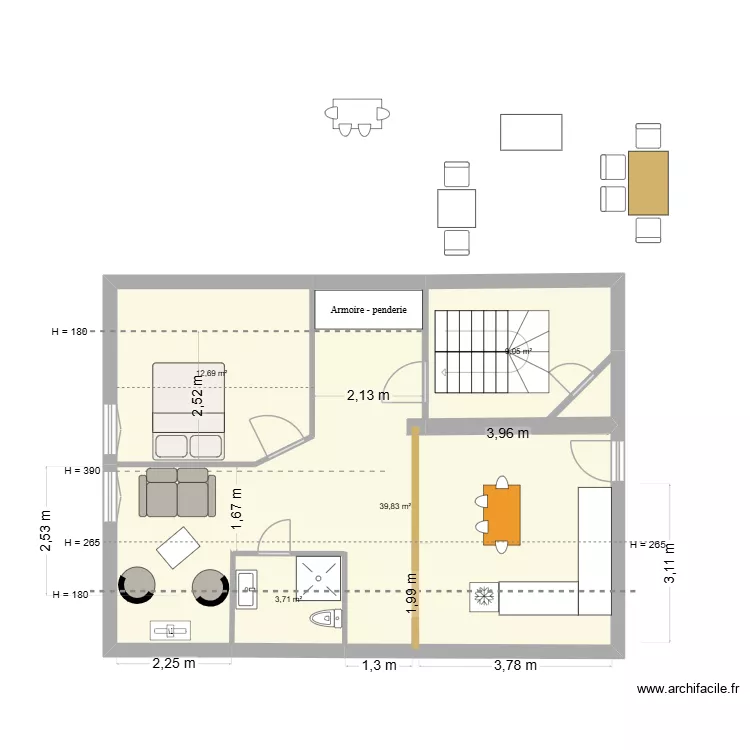 Montalieu meubl&eacute; salon bureau. Plan de 4 Pièces et 65 m²