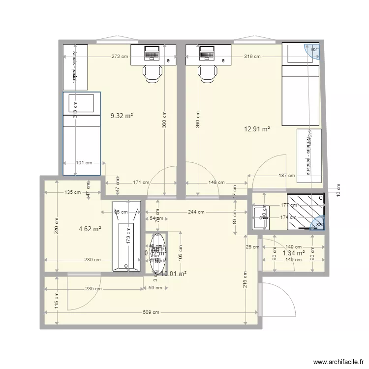 studio chambre apres travaux. Plan de 