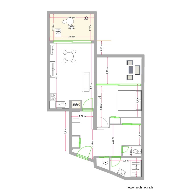 Appartement Le Grand Galion1. Plan de 2 pièces et 8 m2