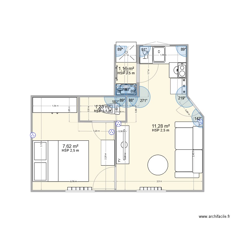 sdb cuisine wc separer. Plan de 4 pièces et 21 m2