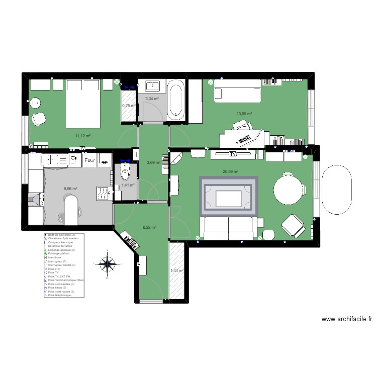 Appart_Meublé. Plan de 13 pièces et 73 m2