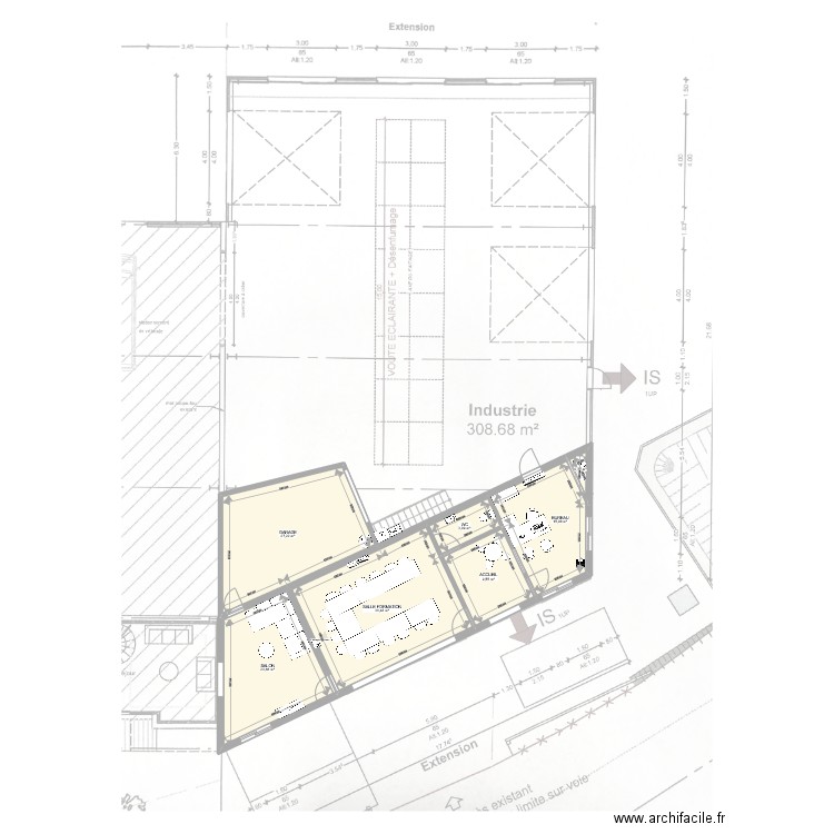 extension bâtiment RDC. Plan de 7 pièces et 109 m2