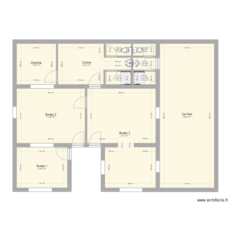 Plan bureau actuel. Plan de 11 pièces et 116 m2