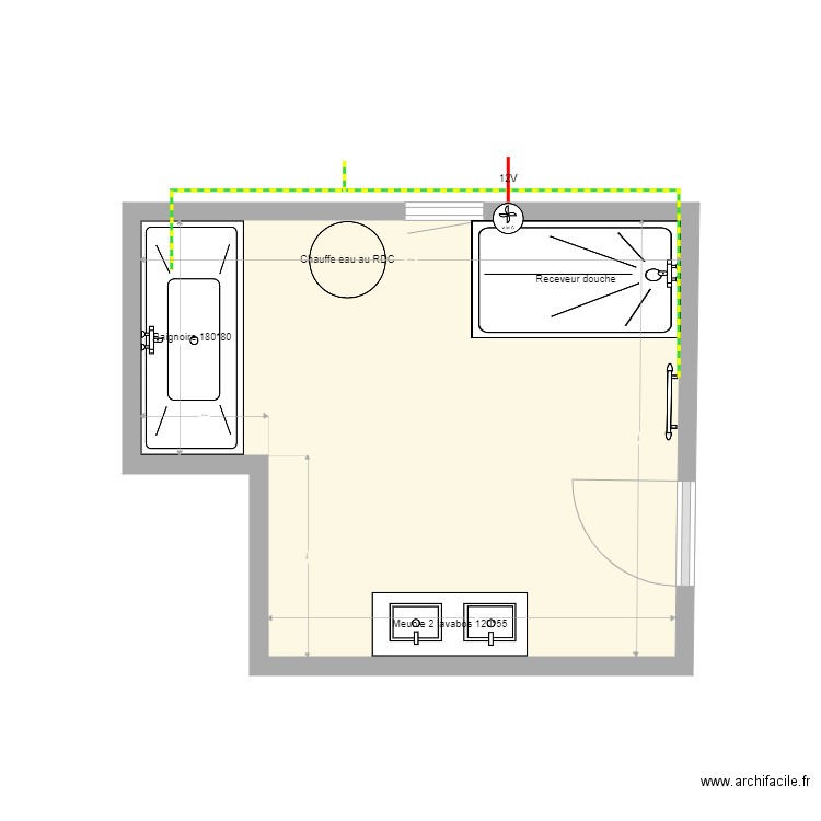 SDB ventilation électricité. Plan de 1 pièce et 12 m2