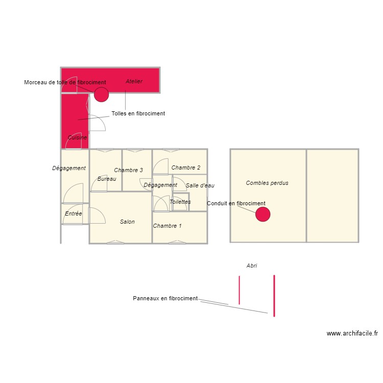 Croquis FERRIERE Amiante. Plan de 14 pièces et 47 m2