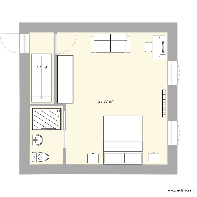 Chambre parentale jardin version 2. Plan de 2 pièces et 30 m2