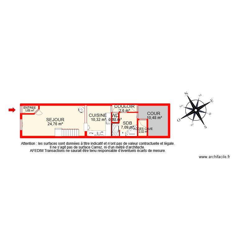 BI 7768 RDC. Plan de 8 pièces et 60 m2