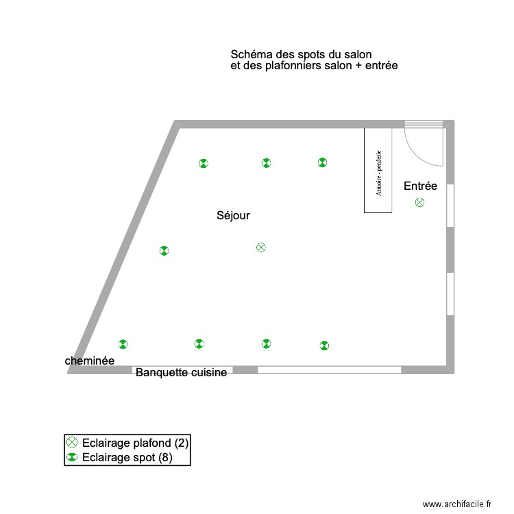 Schéma spots salon . Plan de 1 pièce et 33 m2