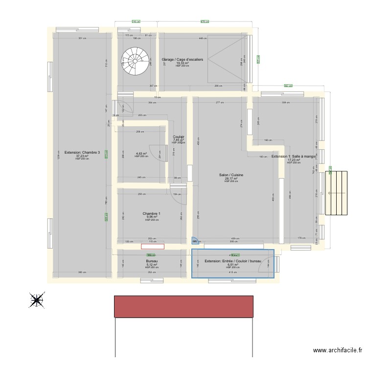 Plan de masse face jardin. Plan de 10 pièces et 163 m2