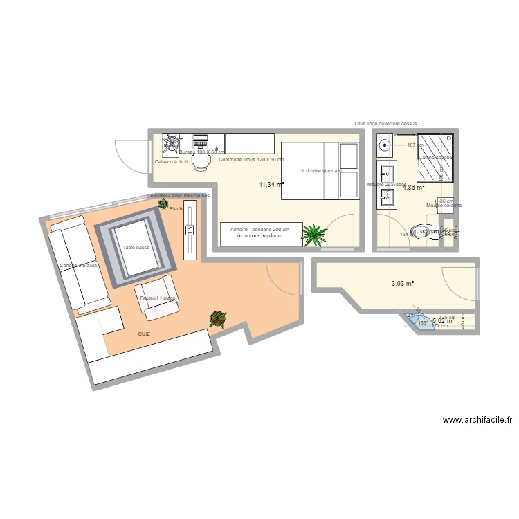 PIECES SEPAREES AMENAGEES. Plan de 6 pièces et 38 m2