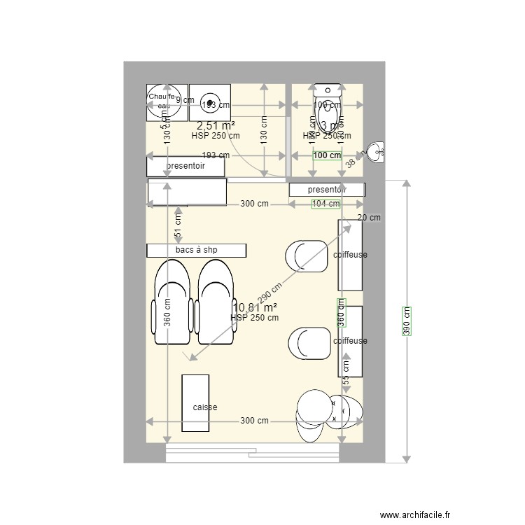 salon coiffure. Plan de 3 pièces et 15 m2