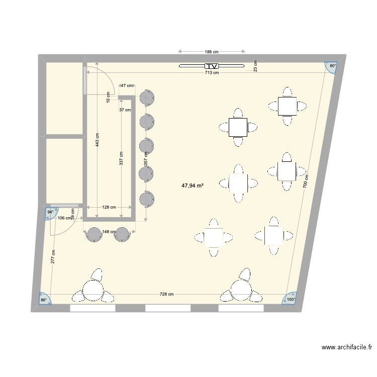 Bar L'Oratoire . Plan de 3 pièces et 52 m2