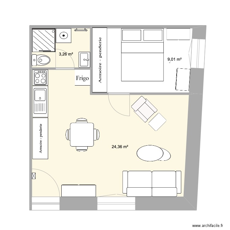 Studio XX. Plan de 3 pièces et 37 m2