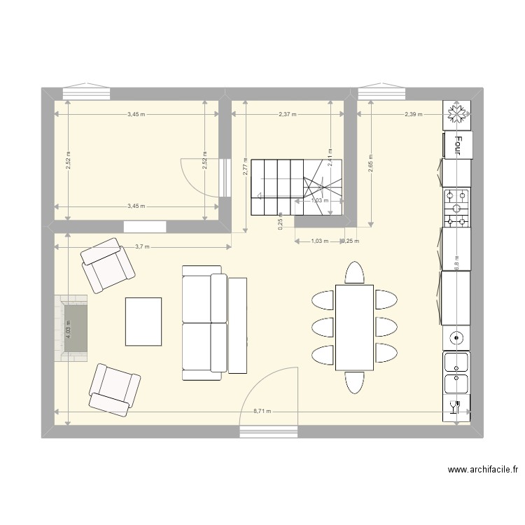 Maison Pascal et Béné cuisine lineaire. Plan de 2 pièces et 57 m2