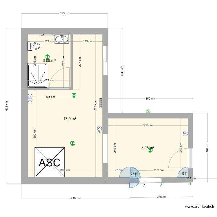 buanderie. Plan de 3 pièces et 26 m2