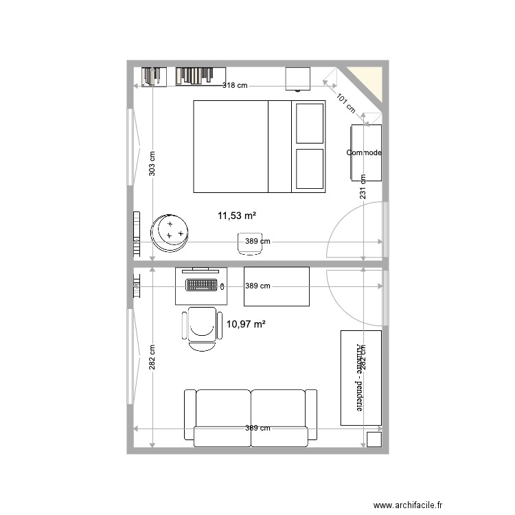 Chambre Now  1. Plan de 3 pièces et 23 m2