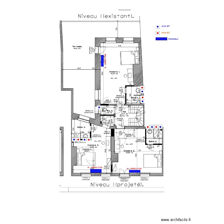 St MARTIN  Plan chauffage et sanitaire niveau 1. Plan de 0 pièce et 0 m2