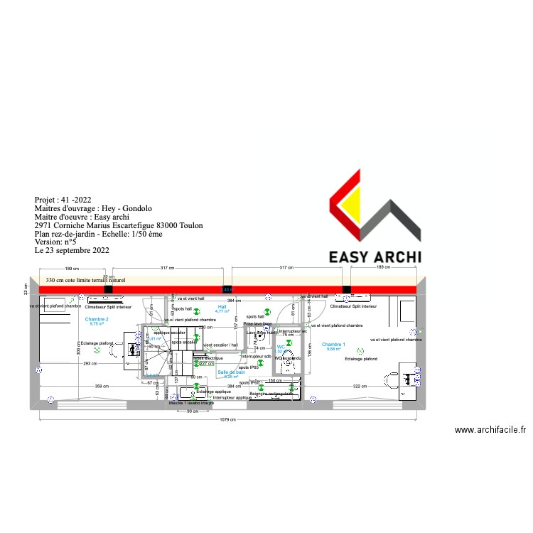 Plan technique rez-de-jardin Hey / Gondolo2. Plan de 8 pièces et 34 m2