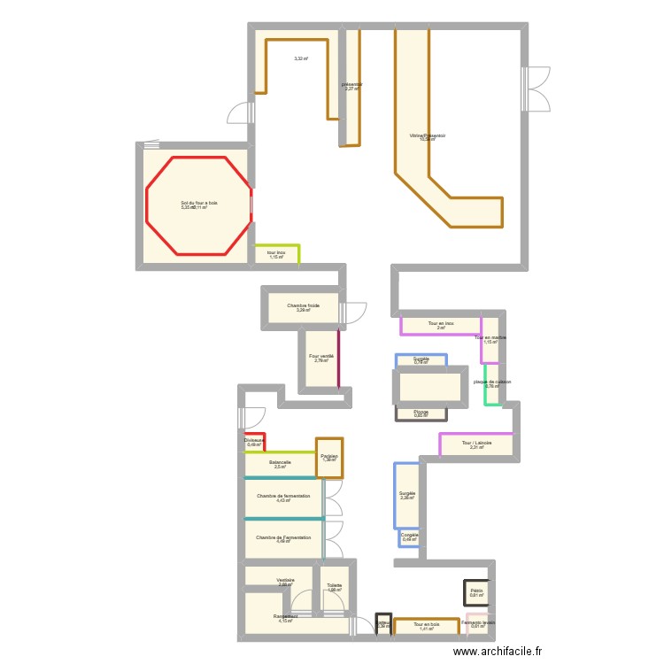 Boulangerie. Plan de 29 pièces et 80 m2