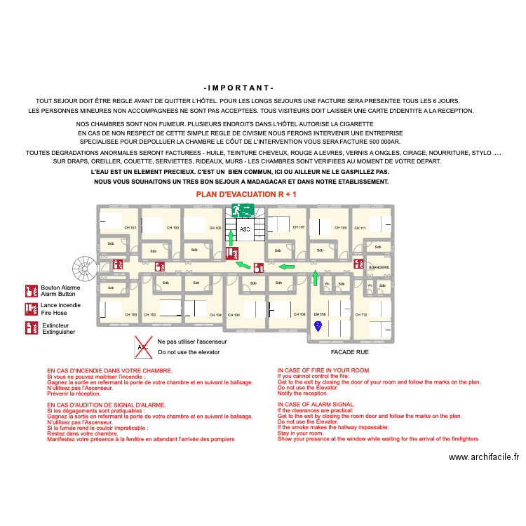 Plan évacuation 1er Etage 100. Plan de 33 pièces et 51 m2