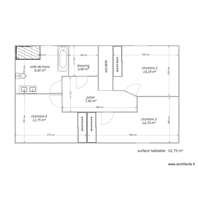 plan &eacute;tage avec surfaces. Plan de 