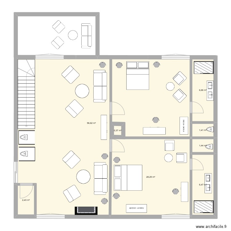 cottage salon. Plan de 2 pièces et 150 m2