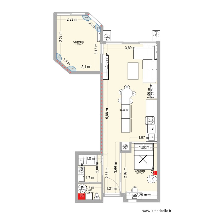 Plan Ballah Frigo. Plan de 4 pièces et 59 m2