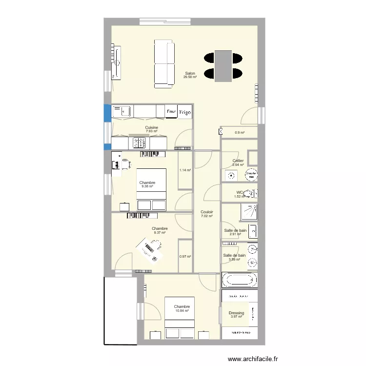 Appartement cuisine ferm&eacute;e. Plan de 