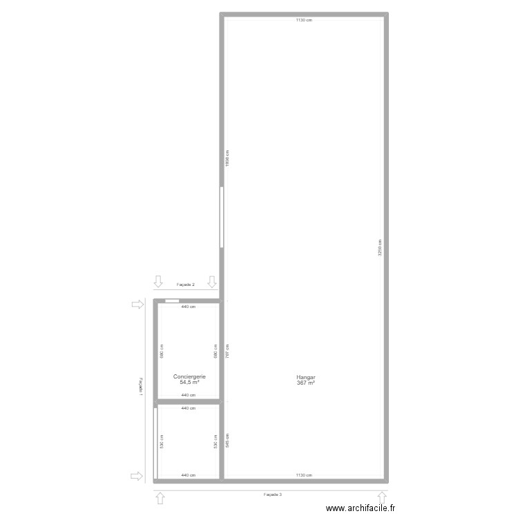 Implantation initiale. Plan de 3 pièces et 420 m2