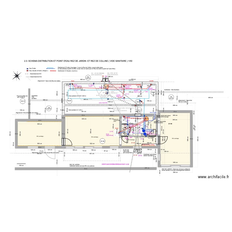 2.3-SCHEMA DISTRIBUTION ET POINTS EAU FROIDE ET CHAUDE REZ DE JARDIN ET REZ DE COLLINE  MODIF 28/08/23  1/50. Plan de 6 pièces et 104 m2