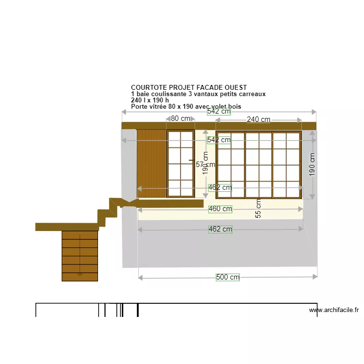 PLAN FACADE COURTOTE  OUEST baie vitr&eacute;e 240+ porte80+volet. Plan de 