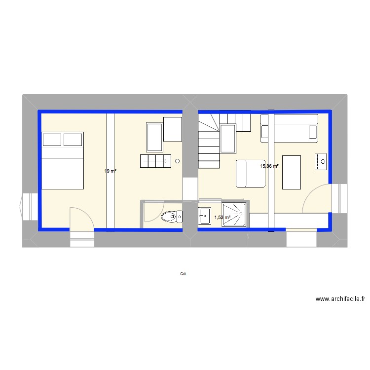 PM N1que wc ds cuisine. Plan de 3 pièces et 36 m2