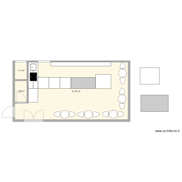 patisserie. Plan de 3 pièces et 34 m2