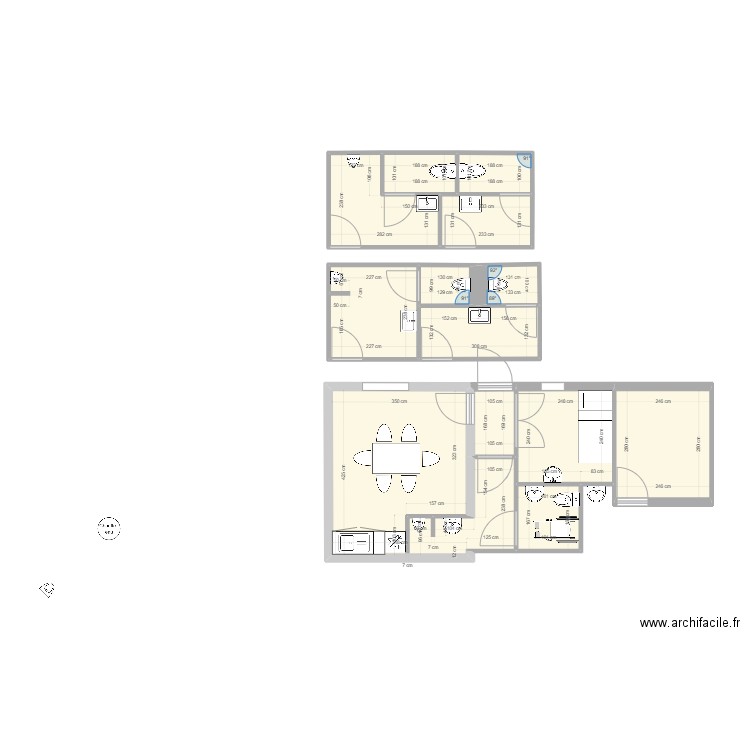 Plan sanitaires. Plan de 13 pièces et 59 m2