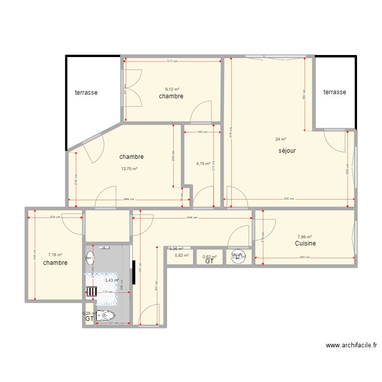 plan projeté complet dossier 5368. Plan de 14 pièces et 84 m2