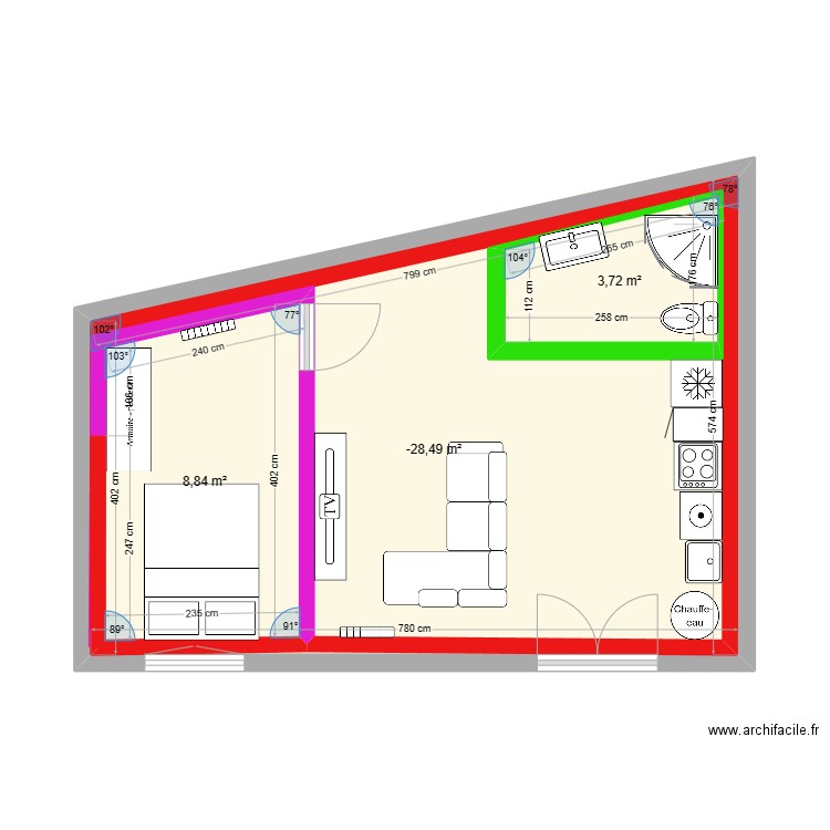 Nouzarède cabane bis. Plan de 3 pièces et 51 m2